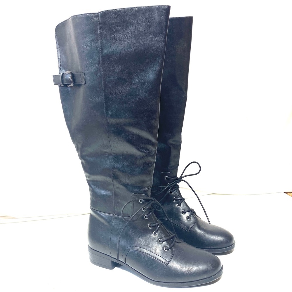 Black Faux Leather Tall Lace-up Wide Calf Riding Boots Size 11 Wide